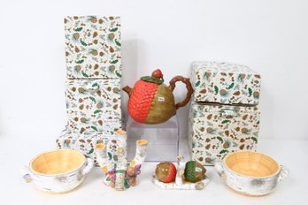 Department 56 Group Of Woodland Hand Painted Teapot, S&P Shakers, Candleholder, Pots - New Old Stock