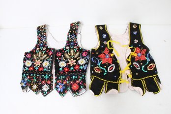 Pair Of Vintage Made In Poland Decorative Folk Vests Embroidered Sequin - Rare