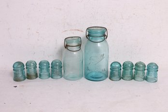 Group Of Blue Glass Insulators And Pair Of Canning Jars
