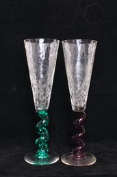 PAIR OF GUY CORRIE SIGNED UNION STREET GLASS SPIRAL BASE WINE CHAMPAGNE FLUTES