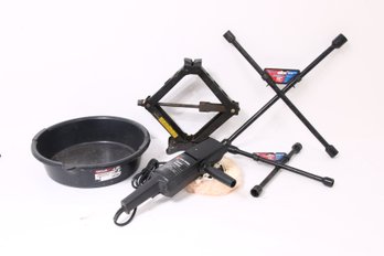 Group Of Automobile Tools Accessories - Scissor Jack, Sander-polisher, Pair Of Lug Wrenches, Oil Pan