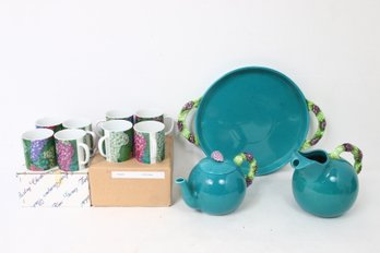 Department 56 ' Vineyard ' Matching Mugs, Tray, Pitcher & Tea Pot By Chery Johnson - New Old Stock