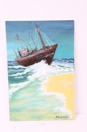 Oil On Canvas Painting Of A Fishing Vessel At Sea By Polish Artist Barbara Nowakowska