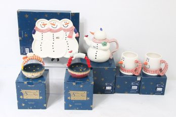 Department 56 ' Once Upon A Starry Night ' Group Of Snowman Platter, Baskets, Mugs, Tea Pot - New Old Stock