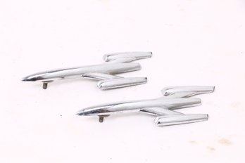 VINTAGE PAIR OF METAL CHROME AIRPLANE CAR HOOD ORNAMENTS