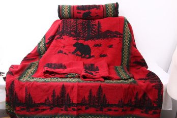 WOODED RIVER Made In Italy Reversible Western Rustic Cabin Decor Style Blanket, Neckroll & 2 Pillowcases