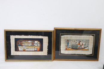 Pair Of Vintage Egyptian Paintings On Papyrus