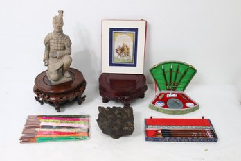 Group Of Vintage Chinese Collectibles Including Calligraphy Sets, Clay Xian Soldier, Vase Stand, Painting & Mo