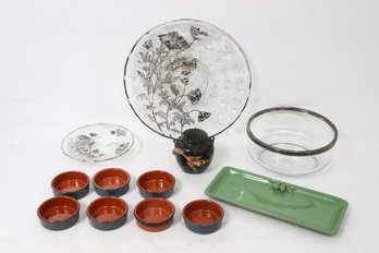 Group Of Silver Inlaid Plates With Art Pottery Vase And Serving Pieces