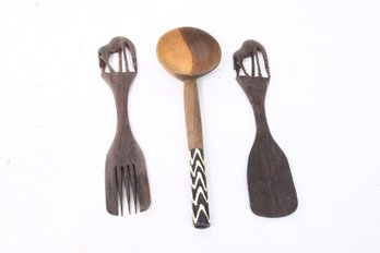 Vintage African Wooden Carved Serving Pieces - Fork & Spoon