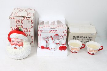 DEPARTMENT 56 HO HO HO SANTA GROUP OF COOKIE JAR, MINI TEASET AND 2 CANDLES - NEW OLD STOCK