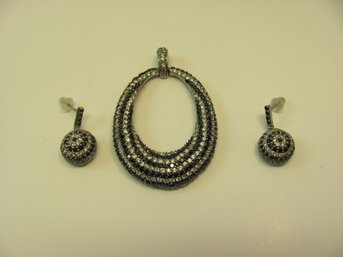 Sterling White & Black Cz Pendant & Earrings