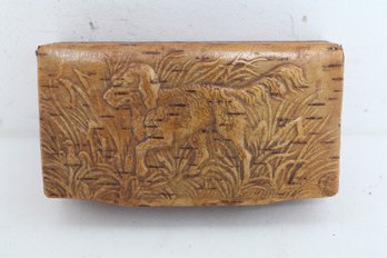 Antique Small Wood Box With Carved Hunting Dog Decoration