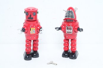 2 Red Tin, Key Wound Robots W/Keys