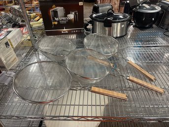 Lot Of Winco Stainless Steel Strainers With Wood Handles.