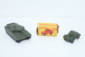 3 Vintage Dinky Toys: Centurion Tank (651), Armourad Car (670) & Mersey Tunnel Police Van (255) W/Box