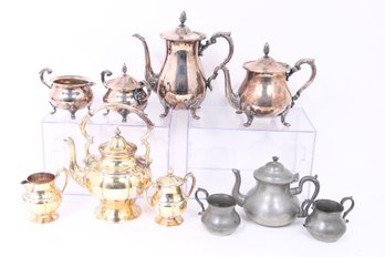 Group Of 3 Coffee Tea Sets - 1 Pewter James Yates England, 1 Silverplate By Poole, 1 Silver On Copper By LLS