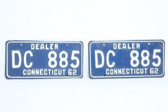 Pair Of Vintage 1962 Low Three Digit Connecticut Dealer License Plates