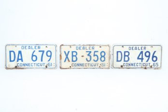3 Vintage Low Number Three Digit Connecticut Dealer License Plates: (2) 1961 & (1) 1965