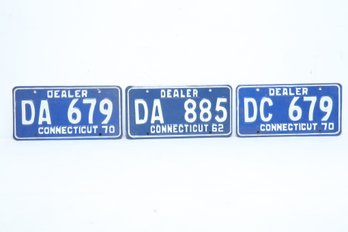 3 Vintage Low Number Three Digit Connecticut Dealer License Plates: 2 Matching 1970 & 1962