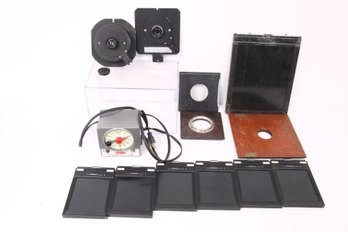 Group Of Vintage Photography Including  Backing Plates, 2 German Lenses And More