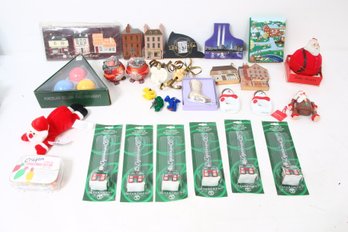 Department 56 Large Group Of Christmas Decorations Incl Cat's Meow Homes And 5 Mercury Glass Ornaments  - New
