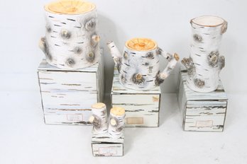 Department 56 Group Of BIRCH BARK Accessories Made In Japan - Cookie Jar, Teapot, Vase, S&P - New Old Stock