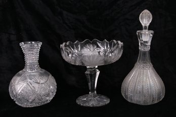 Group Of 3 Vintage American Cut Glass & Crystal Decanaters & Candy Stand