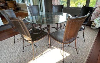 ARTISTICA Home Glass Round Dining Table With 6 Metal And Leather Chairs
