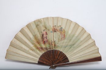 Antique Handheld Silk Fan W/victorian Scene