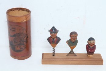 Vintage Hand Carved & Painted Bartender Figural Cork Screw, Bottle Opener & Cork Set