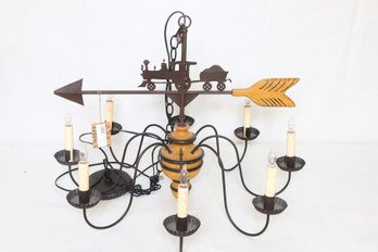 LT MOSES WILLARD Country Style 8 Arms Wood Chandelier With Train Weathervane Decor - New Store Display Item