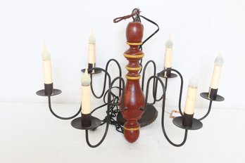 IRVIN'S Tinware TIN WHISTLE Country Style 6 Arms Wood Chandelier In Cinnamon Red - New Store Display Item