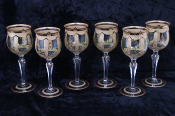 ANTIQUE LOT OF 6 BOHEMIAN MOSER HAND PAINTED CUT CRYSTAL WINE GOBLETS STEMWARE - MINT