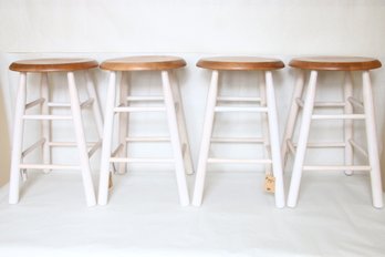 Group Of 4 All Wood Backless Stools In White - New Old Stock