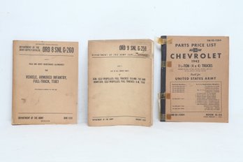 3 Vintage Army Vehicle Manuals: Chevrolet Parts/Price List (1942), 2 Dept. Of Army Supply Catalogs (52 & 56)