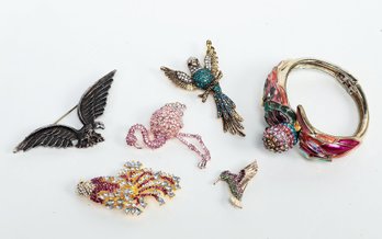 6pc. SPECTACULAR BIRD PINS BROOCHES BRACELET Flamingo Crystal Rhinestones