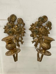 Pair Of Vintage Brass Candle Holders Wall Sconces With Flower Decoration