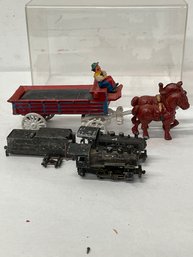 Vintage Cast Iron Wagon & Small Scale Train Part Lot