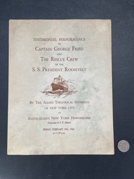SHIPBOARD PRINTING 1926 Ephemeral Programme In Honor Of Captain George Fried And The Officers And Rescue Crew.