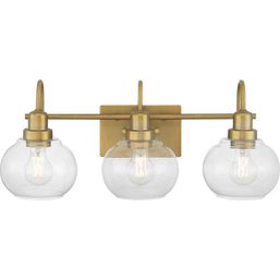 Home Decorators Halyn 23 In. 3-Light Vintage Brass Vanity Light With Clear Glass