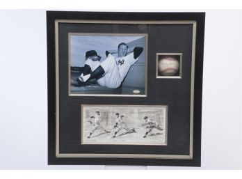 Whitey Ford Signed Baseball, Signed 8x10, And Comic Art - Presented In Professional Shadow Box Case
