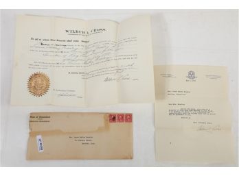 1937 Wilbur L Cross Signed Letter & Commission To Laura Hadley Mossley