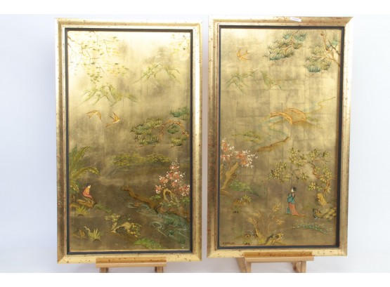 Pair Of Oriental K. Widing La Barge Mirrored Art Works