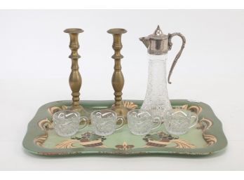 Vintage Serving Lot W/ Tray, Candlesticks And Glass Tea Set