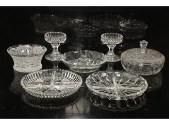Cut Glass Lot W/ Candle Holders, Bowls And Candy Dishes