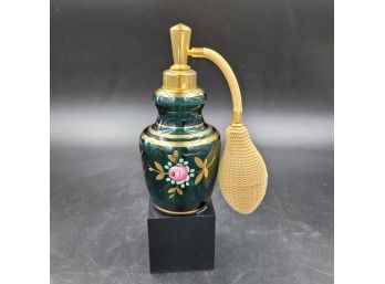 Vintage Italian Teal Green Glass Perfume Bottle With Floral Design