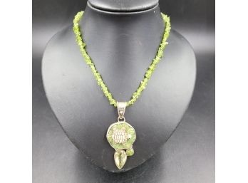 Sterling Silver And Peridot Necklace With Carved Sea Turtle And Large Citrine
