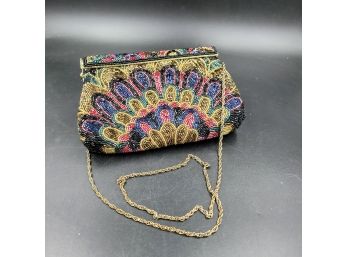 Vintage Peacock Inspired Glass Beaded Evening Bag With Chain Shoulder Strap