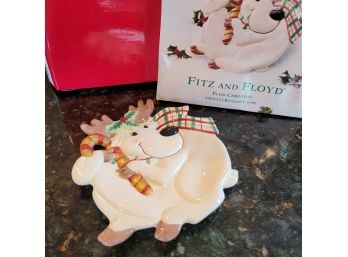 9' Reindeer Holiday Canape Plaid Christmas  Serving Dish By Fitz And Floyd - New In Box